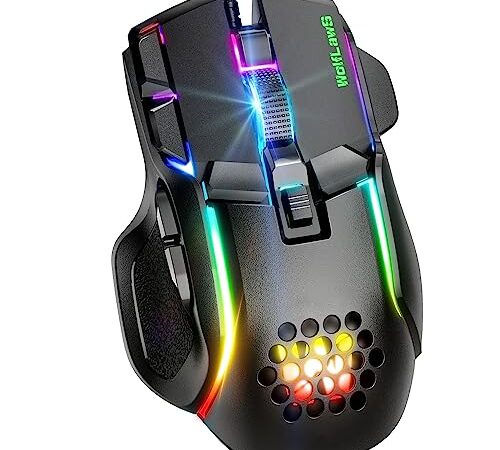 WolfLawS Mouse da gioco cablato, 12800 DPI regolabile ad alta precisione, Computer PC Gaming USB Mouse con 12 modalità retroilluminate RGB, Mouse ergonomico Plug Play Gamer per laptop Mac